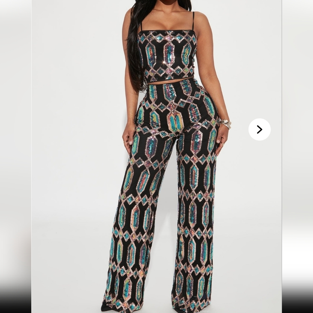 Fashion Nova Black and Multicolor Sequin Wide Leg Jumpsuit